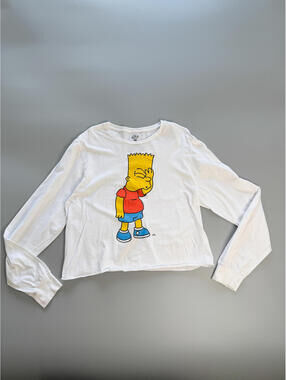 Bart Simpson Long Sleeve Crop Top, Simpsons Graphic Tee, Cartoon Shirt, Size M